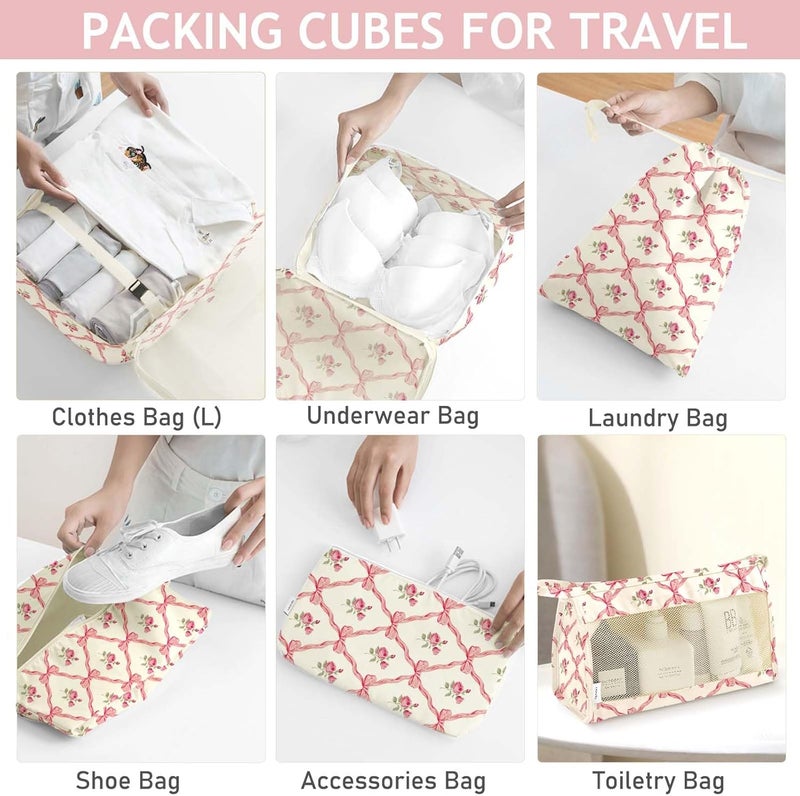 KPX 8 Set Packing Cubes for Travel, Luggage Packing Organizers Accessories Large Toiletries Bag for Clothes Shoes Cosmetics (8Set-Flower & Bow) - Image 4